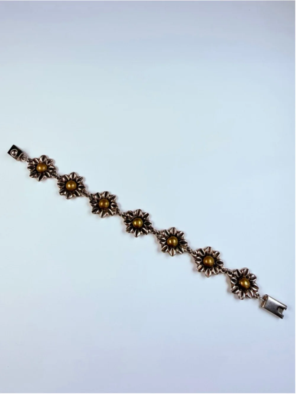 Taxco Retro Daisy Flower Floral Link Brass & Sterling Silver 925 Bracelet Mexico - Picture 2 of 6